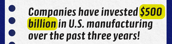 Companies have invested $500 billion in U.S. manufacturing over the past three years!