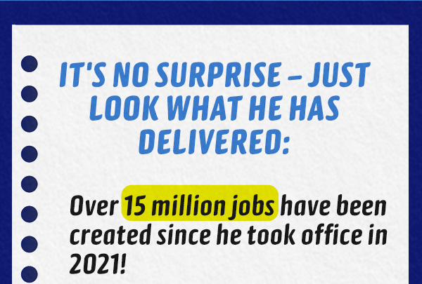 It's no surprise -- just look at what he has delivered: - Over 15 million jobs have been created since he took office in 2021!