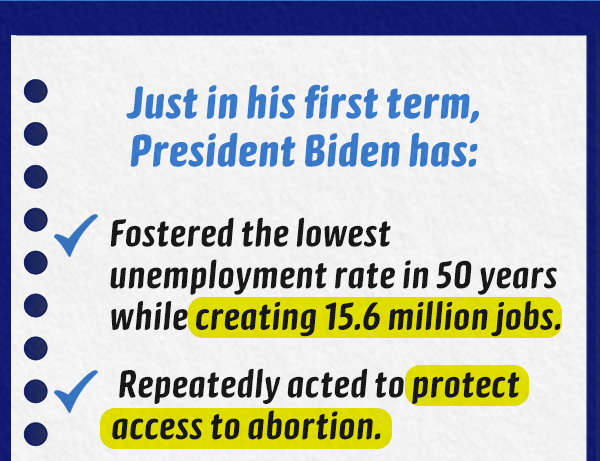 Just in his first term, President Biden has: ✔ Fostered the lowest unemployment rate in 50 years while creating 15.6 million jobs.  ✔ ️ Repeatedly acted to protect access to abortion.  