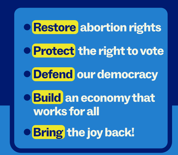 Restore abortion rights | Protect the right to vote | Defend our democracy | Build an economy that works for all | Bring the joy back!