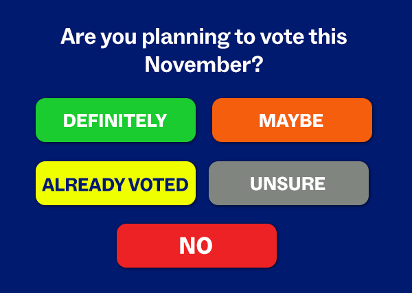 Are you planning to vote this November?  DEFINITELY | MAYBE | ALREADY VOTED | UNSURE | NO