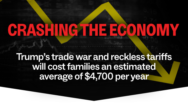 “Crashing the economy” in bold print over the image of a family on the right sideTrump’s trade war and reckless tariffs will cost families an estimated $4,700 per year, making them suffer.
