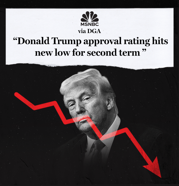 “Donald Trump approval rating hits new low for second term” – MSNBC via DGA with an image of Donald Trump