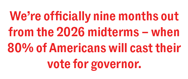We're officially nine months out from the 2026 midterms - when 80% of Americans will cast their vote for governor.